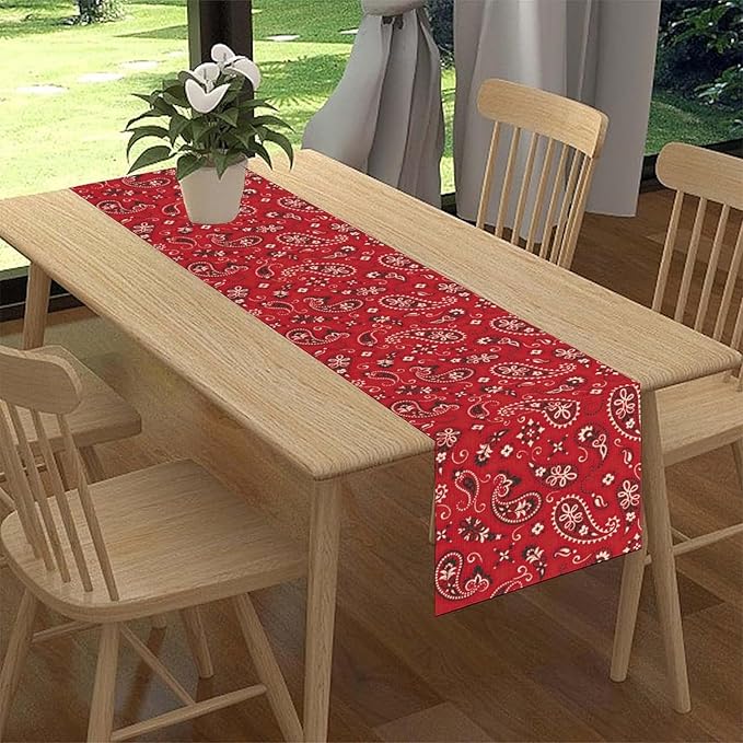 Red Paisley Table Runner, Rustic Damask Antique Floral Flower Retro Boho Swirled Pattern Vintage Coffee Table Center Decor for Family Kitchen and Living Room Outdoor Table Decorations, 13"x72"