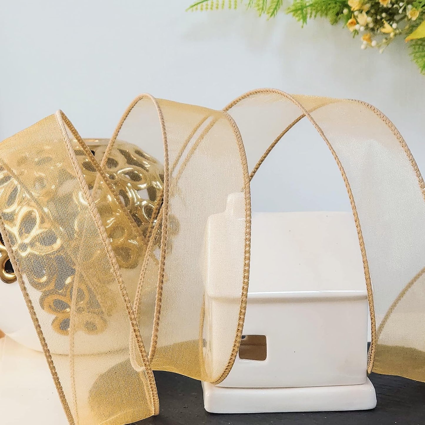 CT CRAFT LLC Sheer Organza Wired Ribbon 1.5" x 50Yards Tan (Gold) for Wedding Chair Bow Flora Bouquet Gift Wrapping Christmas Tree Home Decor Wreath