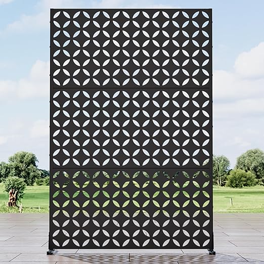 Casaphoria Metal Privacy Screen Outdoor, 72" H x 47" W Freestanding Decorative Privacy Screen for Patio Deck Balcony Garden with Stable Base, Daniel Black