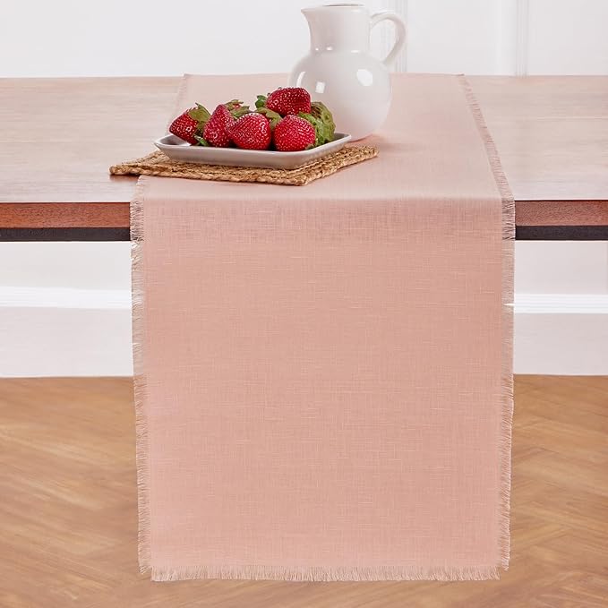 Solino Home Linen Misty Pink Table Runner 36 Inches - Fringe, 100% Pure Linen Short Table Runner 14 x 36 Inch Ideal for Dresser and Coffee Tables, Valentines, Spring, Easter
