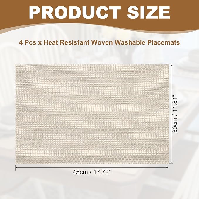 uxcell Faux Linen Placemats, 12x18 Inch Heat Resistant Place Mats Machine Washable Non-Slip Cloth Placemats for Dining Table Kitchen Indoor Outdoor Home Decoration(Beige,4Pcs)