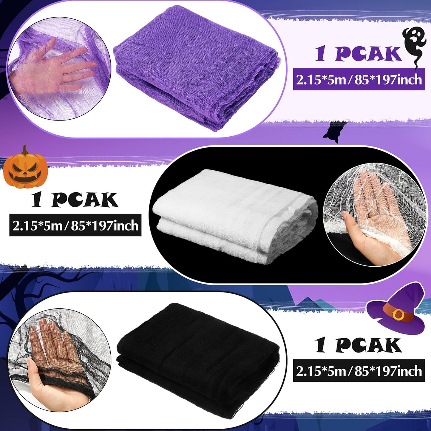 Boao Halloween Cheese cloth 84.65 x 590.55 Inch White Black and Purple Cheesecloth Roll for Crafts Large Cotton Muslin Gauze Fabric for Halloween Outdoor & Indoor Spooky Decoration