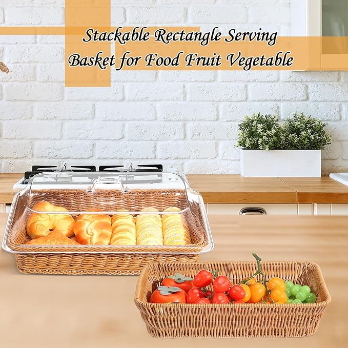 2 Set Wicker Bread Basket for Serving with Acrylic Lid Imitation Rattan Bread Basket Woven Rectangular with Cover for Fruit Food Display Party Easter Picnic(15.75" X 11.81", 13.78" X 9.84")