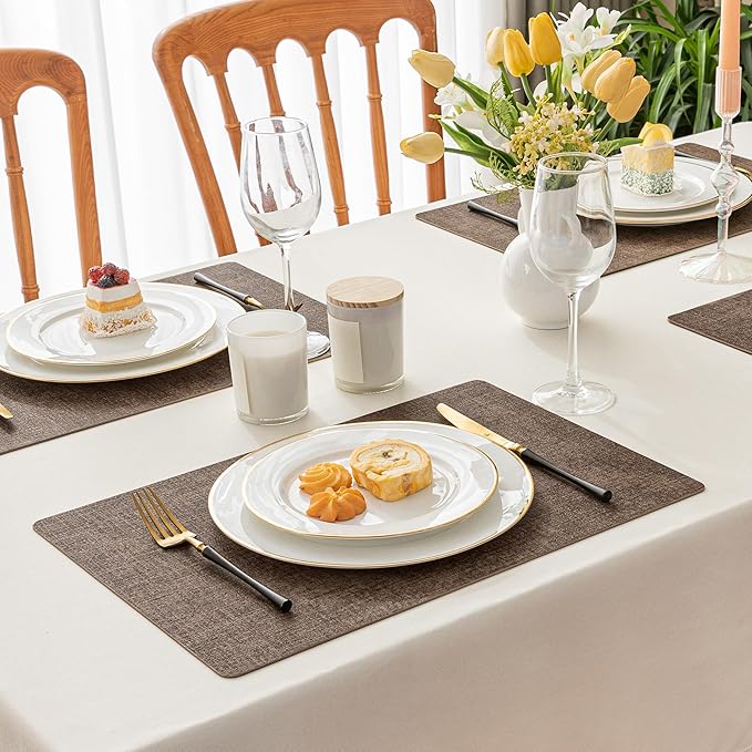 Romanstile Vinyl Placemats Set of 8-12 X 17 Inch - Heat Resistant Place Mats 100% Waterproof Oilproof Wipeable Reversible Faux Leather Table Mats for Kitchen, Dining, Party, Outdoor, Brown