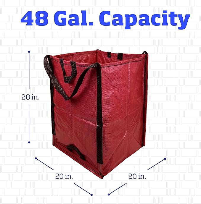 DURASACK Heavy Duty Home and Yard Waste Bag 48-Gallon Woven Polypropylene, Reusable Lawn and Leaf Garden Bag with Reinforced Carry Handles, Pop-Up Self-Standing Garbage Can, Red (Pack of 2)