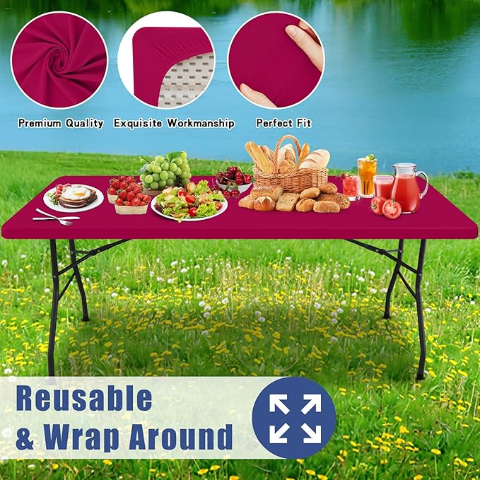 Spandex 8 Foot Rectangle Table Cloth 6 Pack, Elastic Fitted Tablecloths for Picnic, Stretch Washable Patio Table Cover for Outdoor, Camping, Banquet and Parties (Fuchsia, 30"x96")