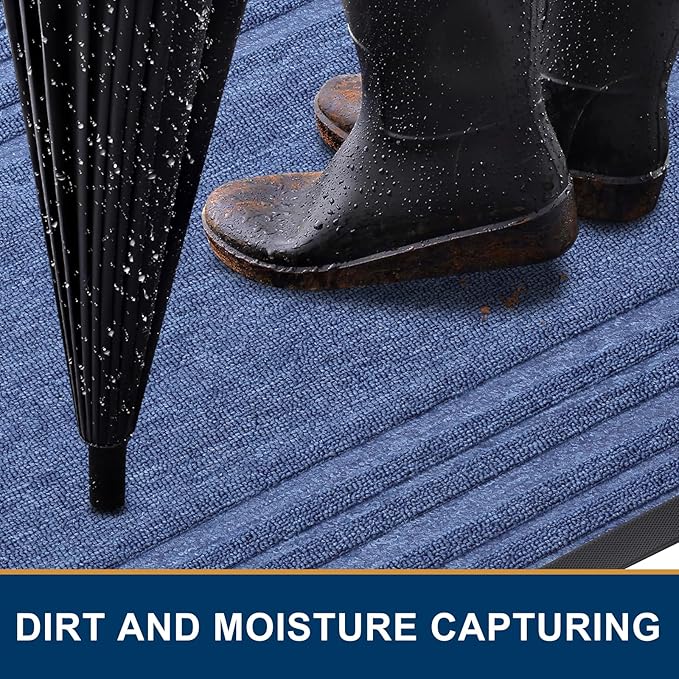 Buganda Front Door Mat Indoor Outdoor Entrance, Non-Slip Natural Rubber Doormats, Easy Clean, Low Profile, Dirt Trapper Entryway Floor Mats for Outside, Garages and Patios, 29.5x17, Blue