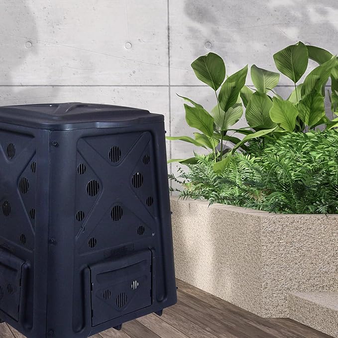 Redmon Outdoor Compost Bin with Lift Off Lid, 4-Door Access & Vent Holes, 65 Gallon, Black - Composting Bin Container for Kitchen Food Waste Recycling