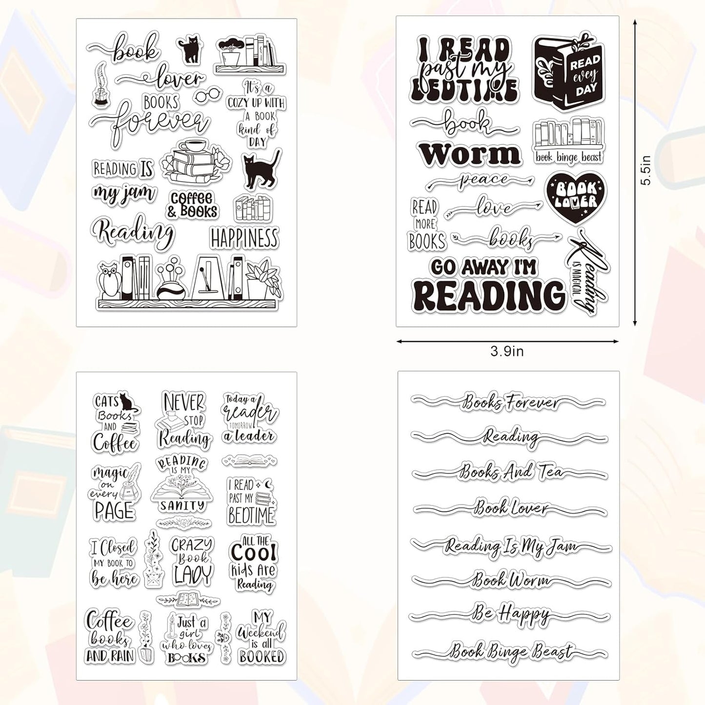 Whaline 4 Sheets Reading Words Clear Stamps Greeting Words Bookcase Bookshelf Silicone Transparent Stamps for DIY Craft Card Making Scrapbooking Embossing Album Decor