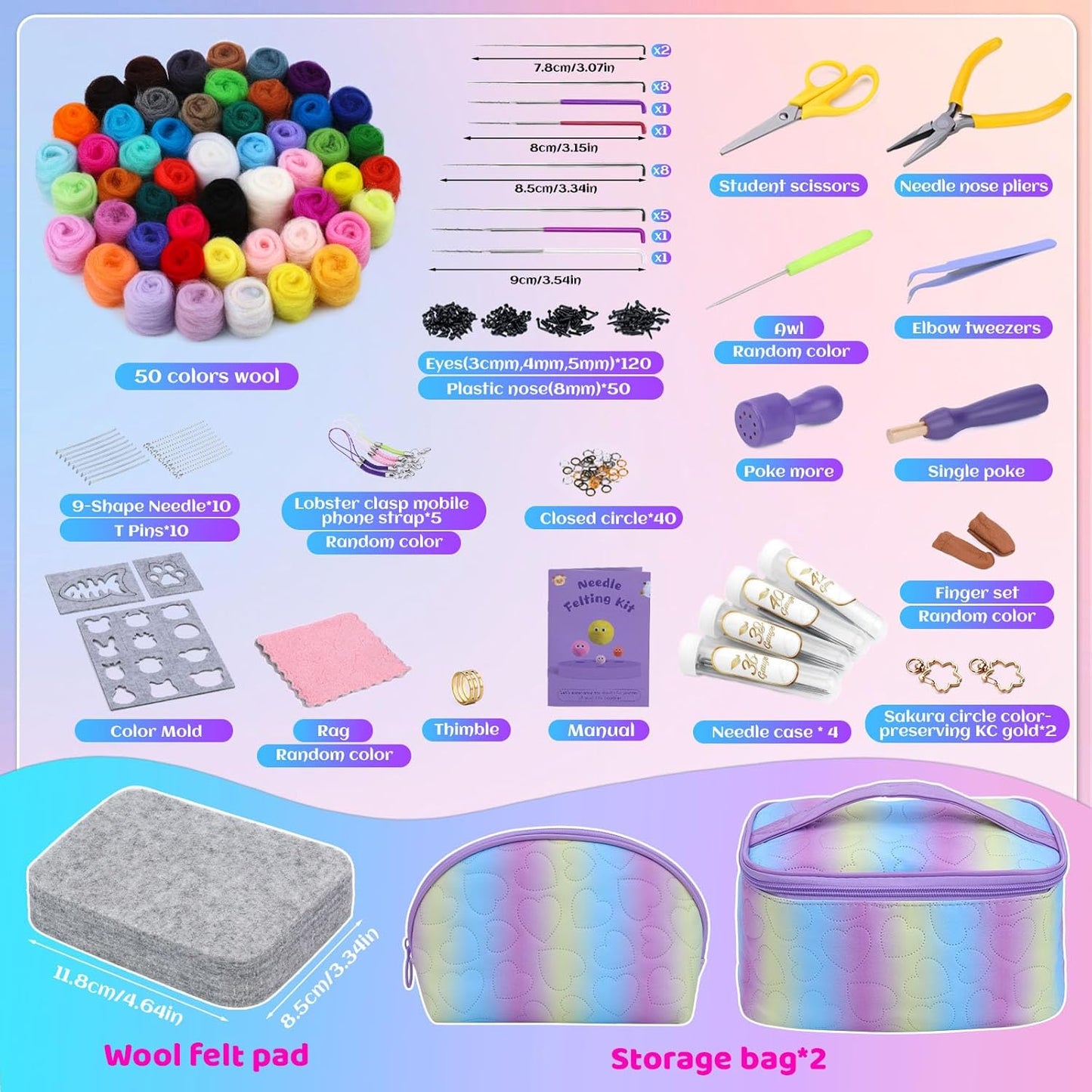 Mayboos Needle Felting Kit, 50 Colors Wool Roving Set, Needle Felting Starter Kit for Beginners with Wool Felting Tool Mat Needle Felting Supplies for DIY Crafts Home Decoration