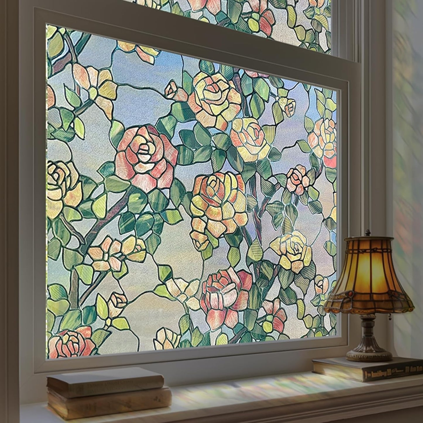 Stained Glass Window Film, 3D Decorative Window Privacy Film for Bathroom,Front Door,Home, Sun Blocking Heat Control,Static Cling, The Beast's Rose 17.3inch x 47.2inch