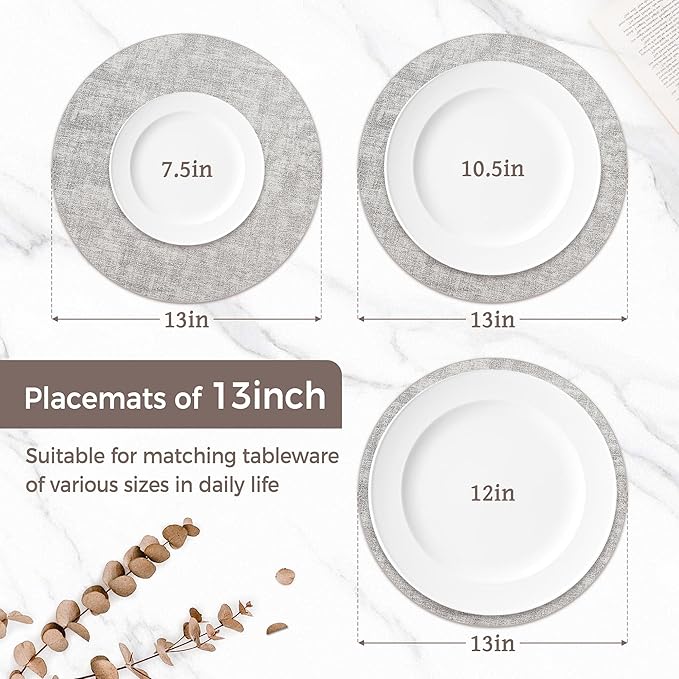 13" Round Placemats Set of 8, Reversible Faux Leather Heat Resistant Table Mats, Waterproof Oilproof Wipeable Table Protective Placemats for Vinyl, Washable for Indoor & Outdoor Use (8, Light Grey)
