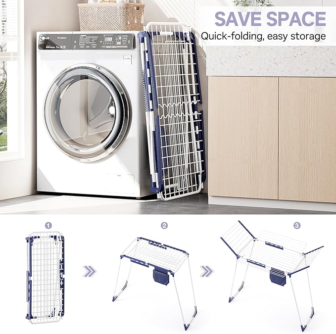 APEXCHASER Clothes Drying Rack Foldable - Drying Rack Clothing Large Space, Winged Laundry Rack with Sock Clips for Hanging Towels Clothes Dress Bedding Indoor Outdoor, White
