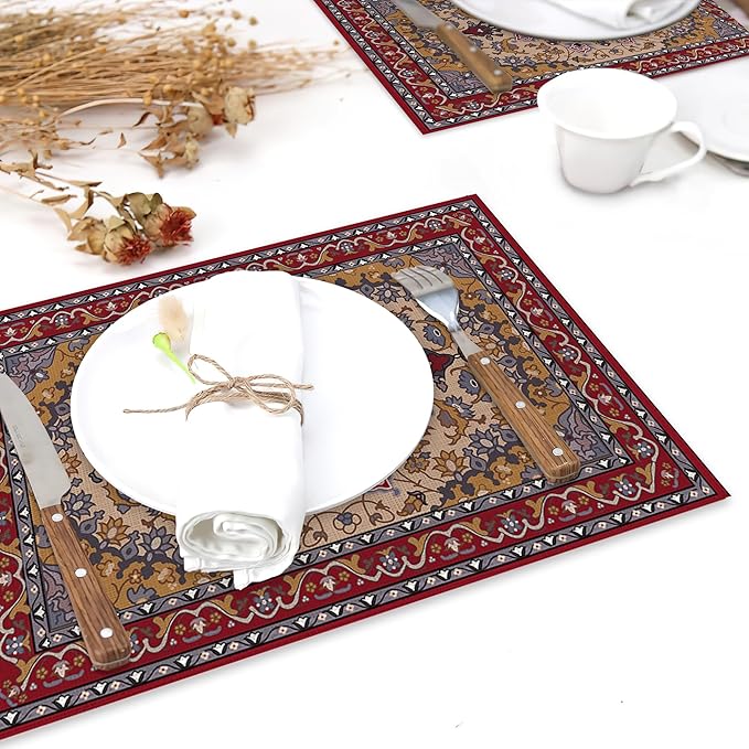 Ethnic Boho Linen Placemats Set of 6,12x18 Inch Vintage Bohemian Washable Table Mats Heat Resistant Place Mats for Home Party Kitchen Dining Decoration