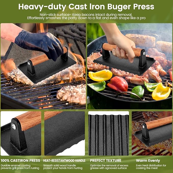 Burger Press, 8.3”X4.3”Rectangle Heavy-Duty Cast Iron Smash Burger Press Griddle Accessories with Heat Resistant Wood Handle for Blackstone Griddle, Ideal for Panini, Steak & Sandwiches