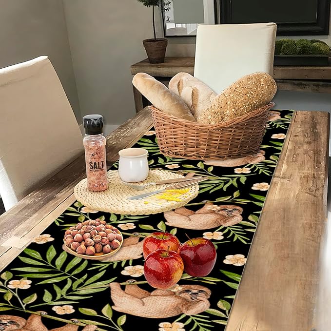 Funny Cute Sloth Flower Table Runner Dresser Scarves Seasonal Linen Tablerunner for Indoor Outdoor Kitchen Home Party Holiday Dining Table Decor 13 X 70 Inch