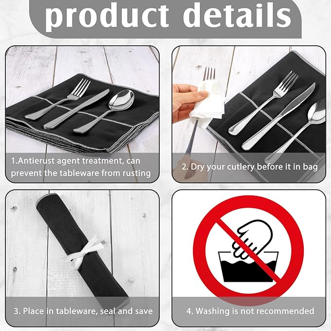 Hillban 6 Pcs Anti Tarnish Silver Storage Bags Silver Storage Cloth Felt Flatware Organizer Anti Tarnish Protector Bags Place Setting Roll with White Ribbon for Kitchen Cutlery (12 Slots,Black)