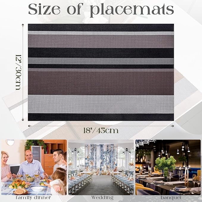 Set of 6 Colorful Striped Vinyl Placemats Heat-Resistant Washable Placemats Non-Slip Woven Table Mats Wipeable Placemat for Kitchen Dining Table Decoration Indoor Outdoor (Black&Grey)