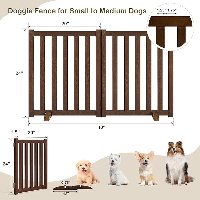 24" Height Tall Freestanding Pet Gate, Solid Wood Folding Safety Fence Wooden Dog Gate with 2 PCs Support Feet Ideal for Stairs, Doorways, Halls, Kitchens, Heavy Duty Gates, 2 Panels, Walnut