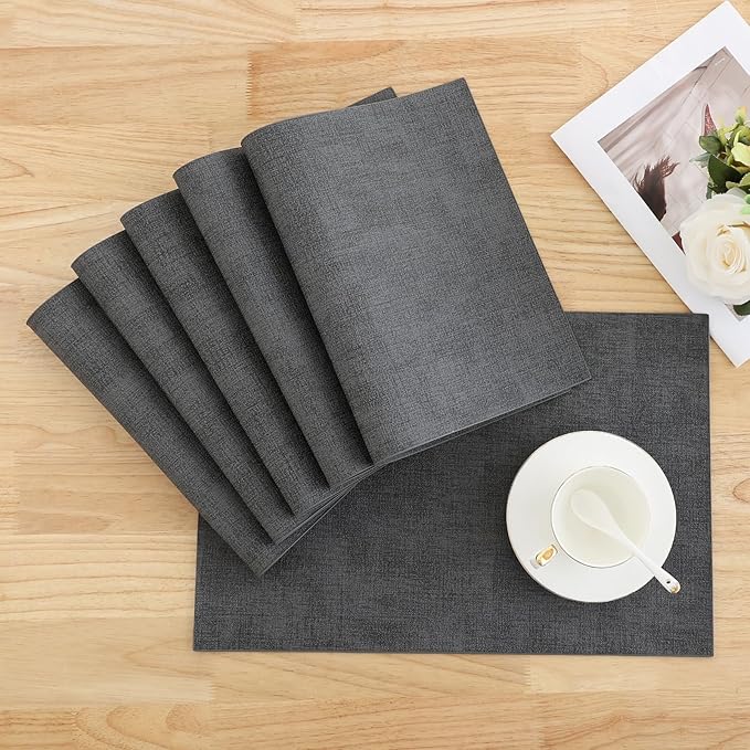 Homaxy Faux Leather Heat Resistant Placemats for Dining Table Set of 6, Waterproof Wipeable Washable PU Table Mats, Easy to Clean Anti-Slip Place Mats, 11.8" x 17", Dark Grey