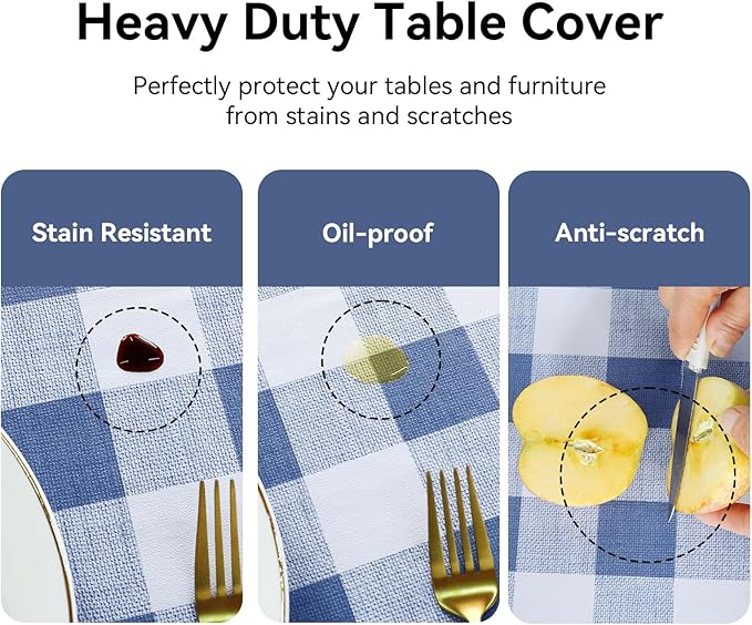 Romanstile Gingham Rectangle Plastic Tablecloth, 100% Waterproof Checkered PVC Table Cloth, Heavy Duty Vinyl Table Cover for Dining, Camping, Picnic, Outdoor - 54 x 120 Inch, Light Blue and White