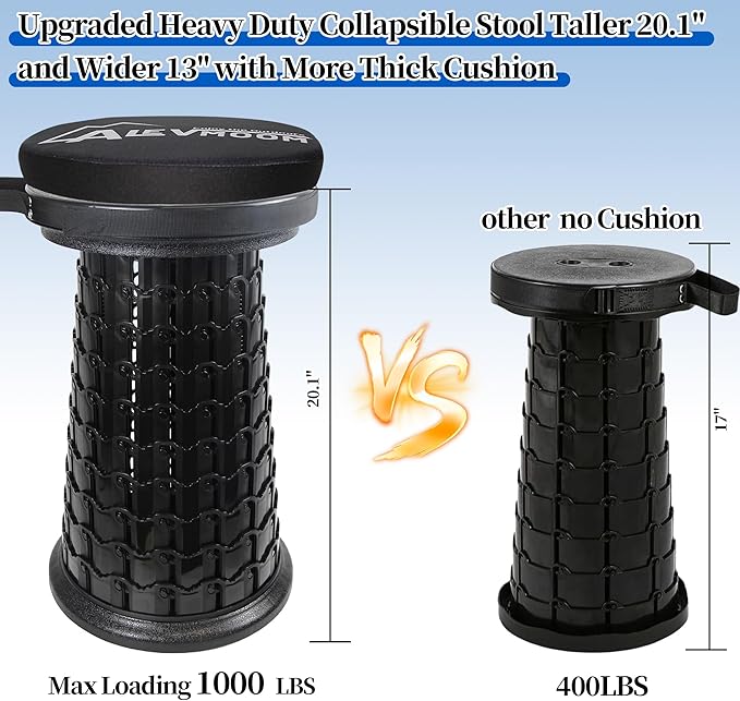 Upgraded XXL Collapsible Stool with Thick Cushion H 20.1" D 13", 1000Lbs Max Weight, Wider & Taller Pop Up Heavy Duty Portable Retractable Foldable Stool or Travel Foot Rest, Camping & Outdoors