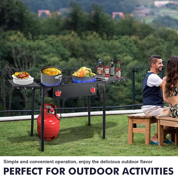 Llamaviva 2 Burner Gas Stove, Propane Outdoor Stove with Side Shelves, Removable Legs & Regulator, 150,000 BTU Propane Burners for Outdoor Cooking, Camping & BBQ Cookouts