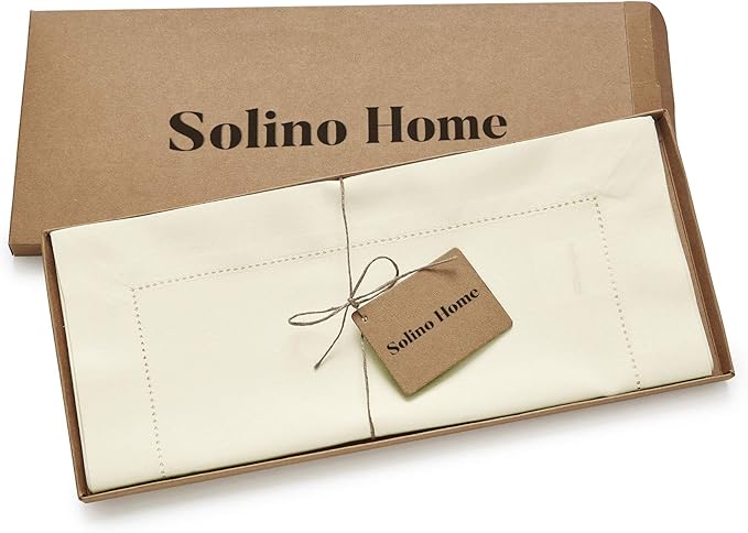 Solino Home Ivory Table Runner 48 Inches - Cotton Linen Hemstitch Coffee Table Runner 14 x 48 Inch Ideal for Dresser Tables - Spring, Easter