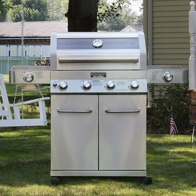 Monument Grills Larger 4-Burner Propane Gas Grills Stainless Steel Cabinet Style with Infrared Side Sear & Side Burners with Cooking Plate(2 Items), Outdoor Use