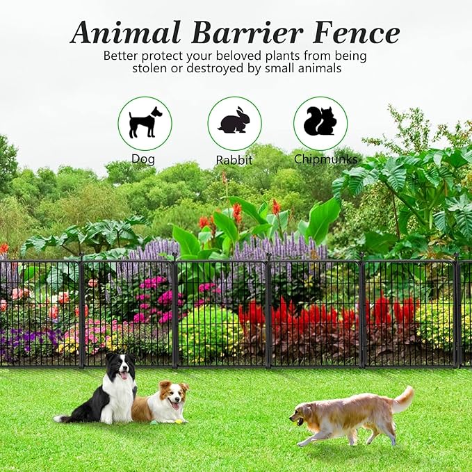 Garden Fence with Gate Metal Fencing Outdoor for Yard, 32in x28ft 12 Panels Outdoor Dog Fence Temporary Fence for Dogs Outside, Rustproof Garden Fencing Flower Bed Edging for Patio