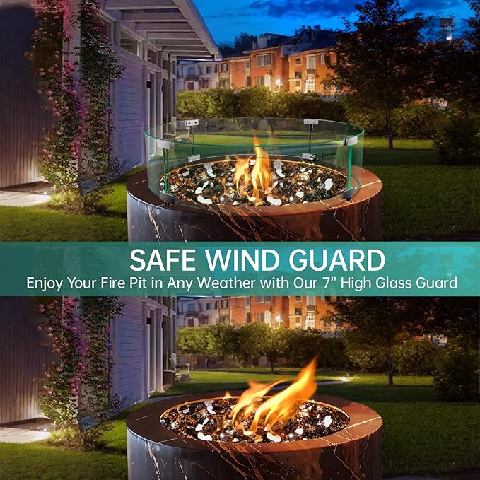 33" x 33" x 7" Round Fire Pit Wind Guard - Durable Fire Pit Glass Wind Guard with Aluminum Corner Brackets for Outdoor Firepit or Gas Fire Table, Easy Assembly