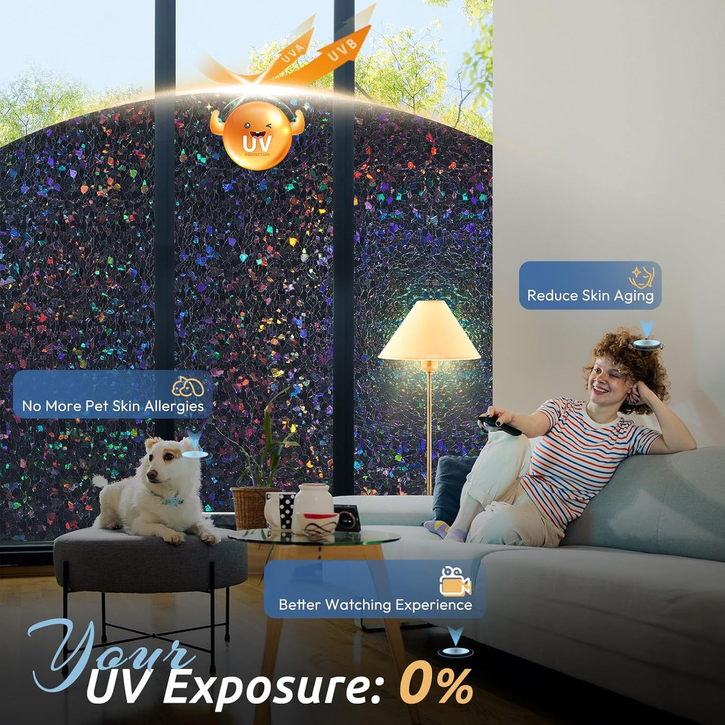 rabbitgoo Blackout Rainbow Window Privacy Film Decorative Stained Glass Diamond Pattern Window Sticker with Iridescent Tint Non-Adhesive Static Cling for Home Office Bathroom, 17.5 x 157.4 inch, Black