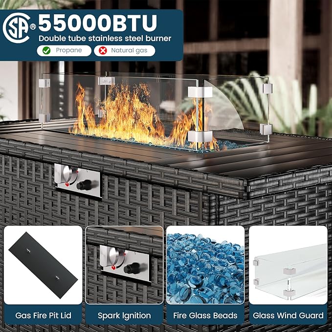 7 Piece Patio Furniture Set with Fire Pit Table, Outdoor Sectional Conversation Sets Black Wicker Rattan Sofa with Coffee Table for Patio Garden Backyard, 4'' Thickened Cushion Black