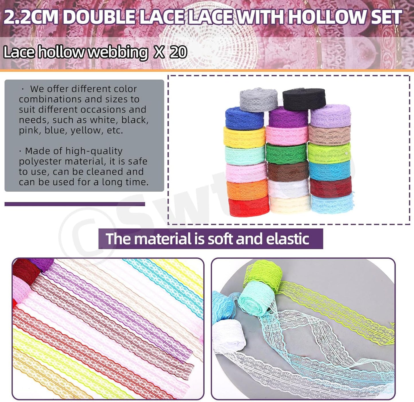 Swpeet 20 Rolls in Total 200 Yards 2.2cm×10 Yards Colorful Lace Ribbon Unilateral Floral Pattern Fabric Lace Ribbon, Lace Trim Ribbon Crafting Lace for Wedding Decorating, Sewing Gift Wrapping