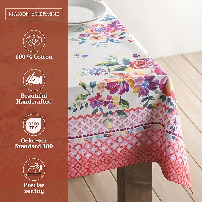 Maison d' Hermine Table Cloth Rectangle Table 100% Cotton 60 x 120 Inches Tablecloth Reusable Decorative for Dining Room, Farmhouse, Home, Party, Festive & Wedding Spring Summer - Rose Garden