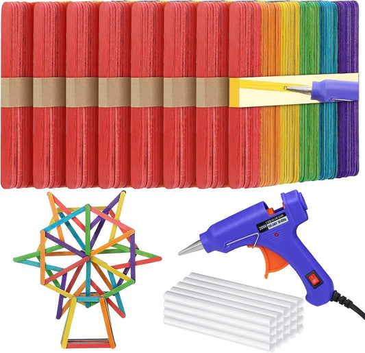 4.5 inch Colored Wooden Sticks Kits, 400PCS Colorful Rainbow Treat Sticks Bulk with Hot Glue Gun and Sticks for Craft Popsicle Home Decoration Project Building Model Kid Classroom Art Craft Supplies
