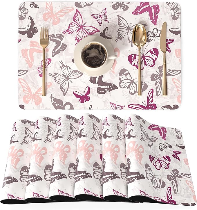 QIYI Placemats Set of 6, 12x18 Inch Faux Leather Place Mats for Kitchen Dinning, Heat Resistant Anti Slip Table Mats, Waterproof Wipeable Washable Placemat Party Table Décor, Watercolor Butterflies