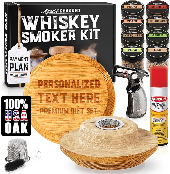 Personalised Whiskey Smoker Kit with Torch & Butane with Oak Wood Chips - Custom Engraved Smoke Lid for Bourbon & Old Fashioned Cocktails - Unique Whiskey Gifts for Men - Fits Various Glasses