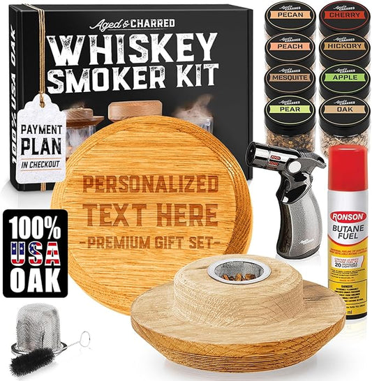 Personalised Whiskey Smoker Kit with Torch & Butane with Oak Wood Chips - Custom Engraved Smoke Lid for Bourbon & Old Fashioned Cocktails - Unique Whiskey Gifts for Men - Fits Various Glasses