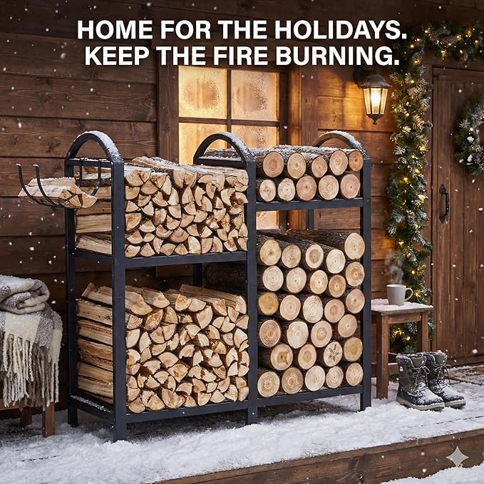 Firewood Rack Indoor With Hooks, 31inch Firewood Rack, log holders for firewood outdoor, Fireplace Wood holder Indoor, Adjustable Small Fire Wood Storage