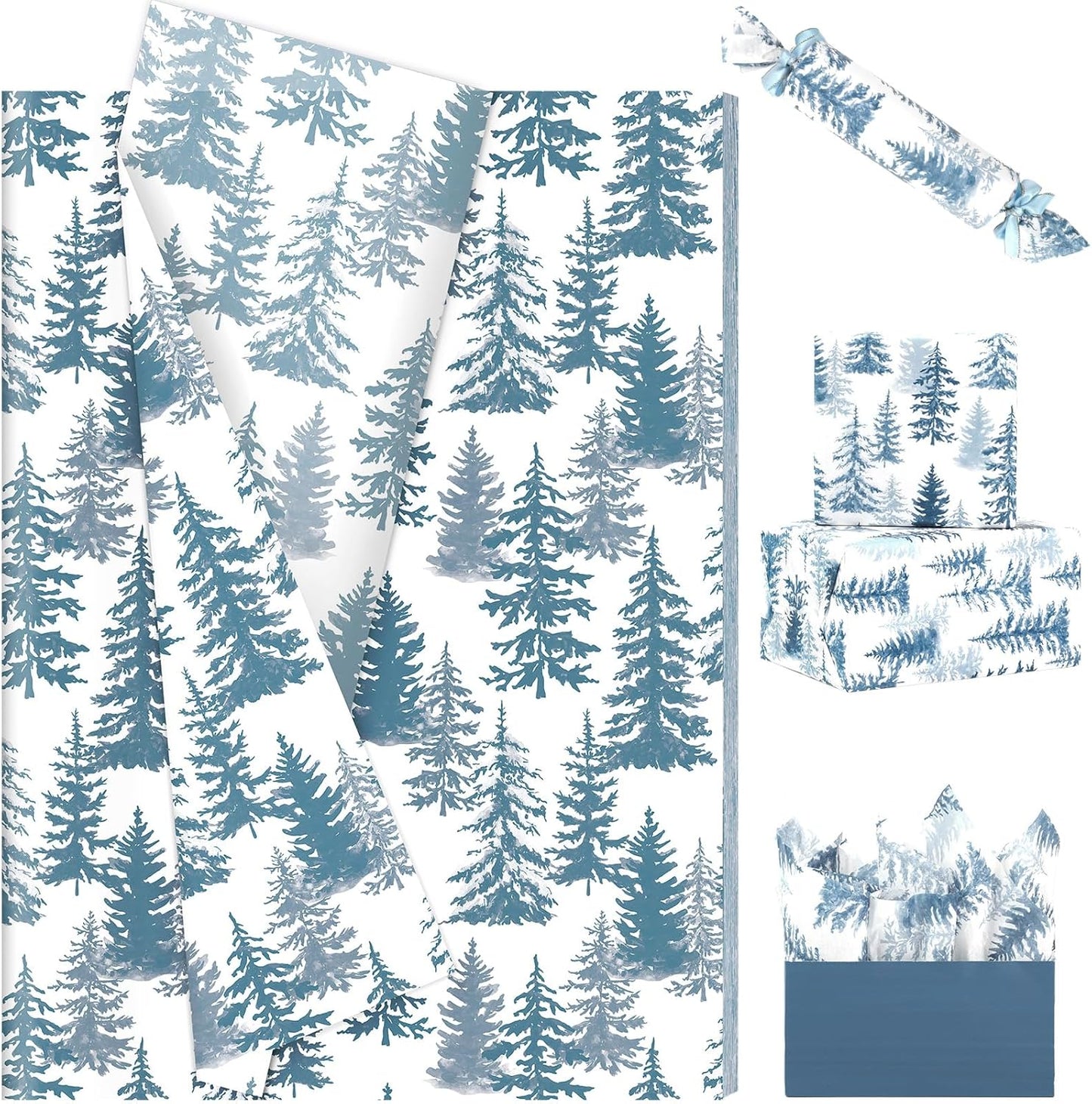 100 Sheets Christmas Tree Tissue Paper, 20x14in Forest Style Wrapping Tissue Watercolor Xmas Tree Art Tissue for Xmas Party Gift Bag Fillers Winter Party Decor (Blue)