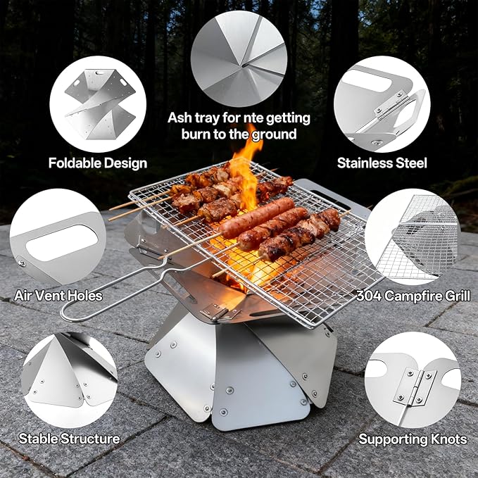 Portable Fire Pit - Foldable Stainless Steel Camping Fire Bowl & Grill - Compact Bonfire Pit for Backyard, Patio, Garden Parties & Camping Trips, 12.6 Inch