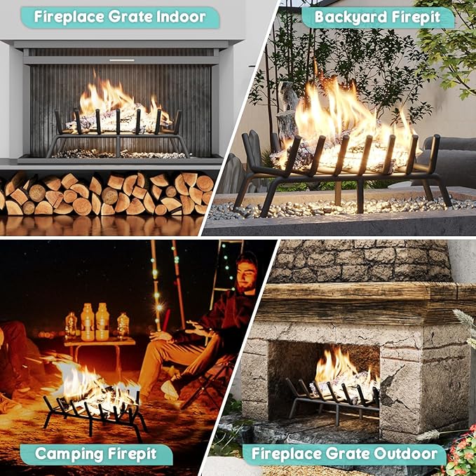 27-Inch Fireplace Grate, Heavy Duty 7-Bar Log Rack Holder Made of Solid Round Steel for Indoor/Outdoor Fire Pits, Wood Stoves & Kindling Tools