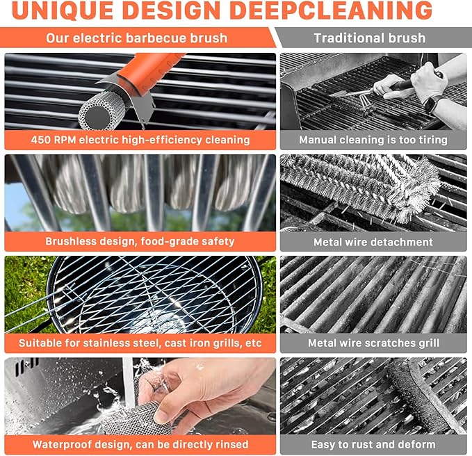 Hillyfe Grill Brush for Outdoor，Cordless Rechargeable Grill Brush with 3 Brush Heads, Grill Electric Cleaning Brushes Without Bristles, LED Light, Grill Scraper, Grilling Gifts for Men,Orange
