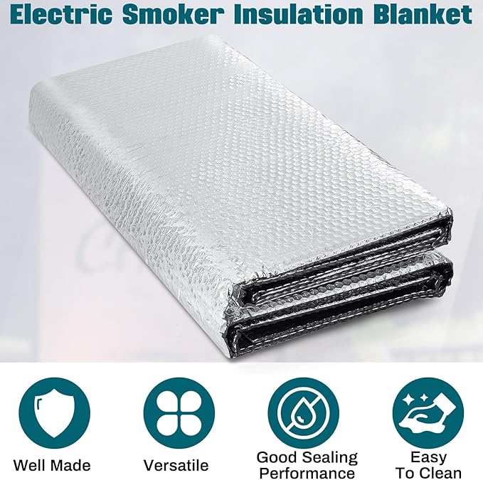 2 Pack Electric Smoker Insulation Blankets with Hook and Loop Tape 63 x 25 Inch Silver Thick Aluminum Foil Bubble Insulation Film Layer for Big and Little Chief Smokers Keep Heat