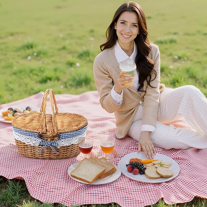 GRANNY SAYS Wicker Picnic Basket for 2 with Handles, Woven Cute Boo Basket with Washable Liner & Dual-Flip Lid, Vintage Large Picnic Baskets for Camping, Outdoor, Gift, Blue and White Checkered Liner