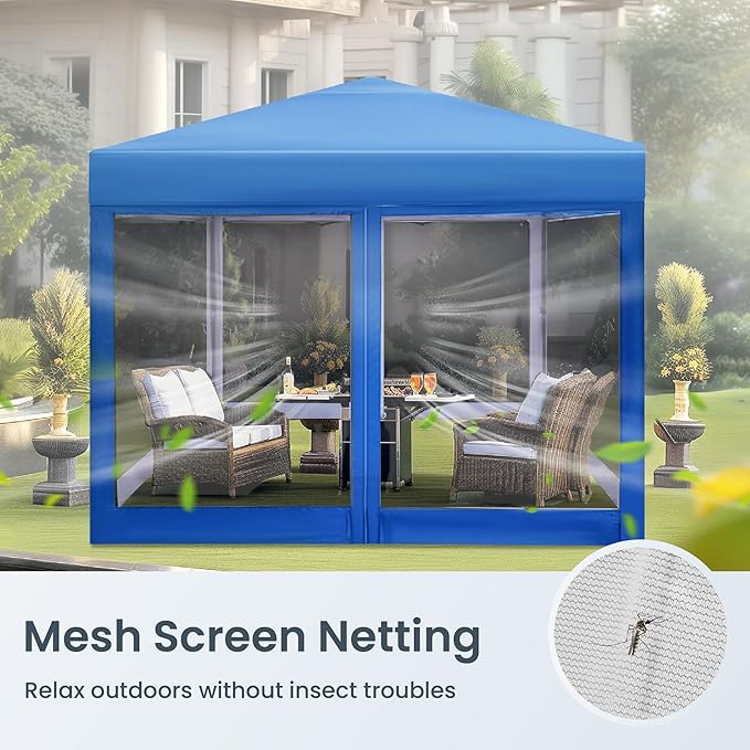 PHI VILLA 10 x 10 Pop Up Canopy Tent with Netting, Instant Gazebo, Ez up Screen House Room with Carry Bag, Height Adjustable, for Outdoor, Garden, Patio,Blue