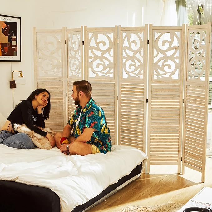 Room Divider Wood Carved Wall Divider Indoor Folding Portable Partition Screen for Home Office Garden Terrace - 6 Panel, 67 * 90inch (White)