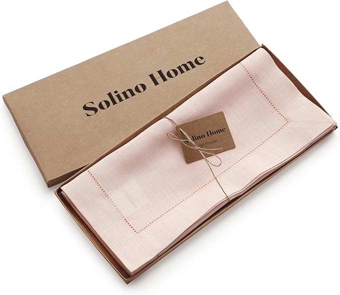 Solino Home Linen Pink Table Runner 120 Inches Long - 100% Pure Linen Hemstitch 14 x 120 Inch Table Runner for Dining, Valentines, Spring, Easter - Classic Hemstitch