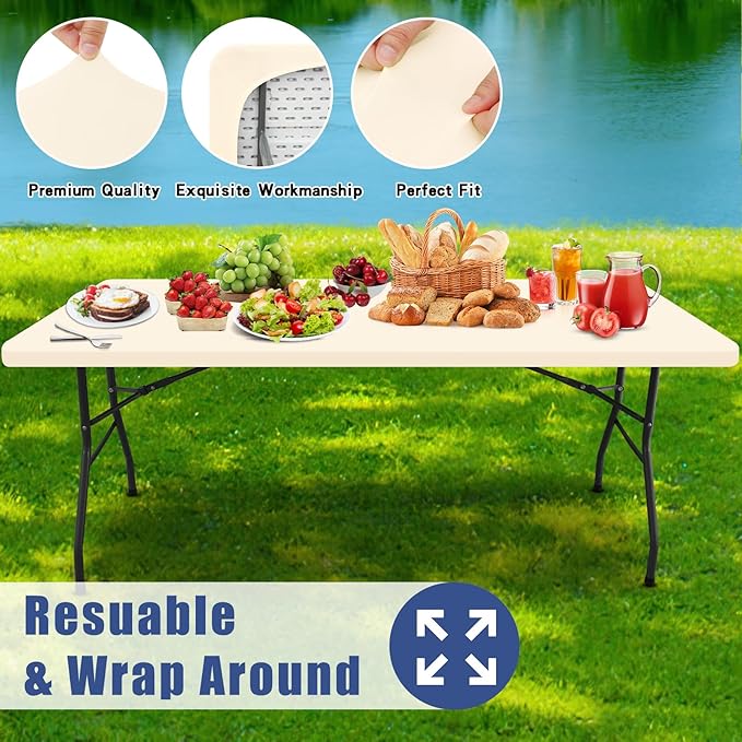 Spandex 4 Foot Rectangle Table Cloth 6 Pack, Elastic Fitted Tablecloths for Picnic, Stretch Washable Patio Table Cover for Outdoor, Camping, Banquet and Parties (Champagne, 30"x48")